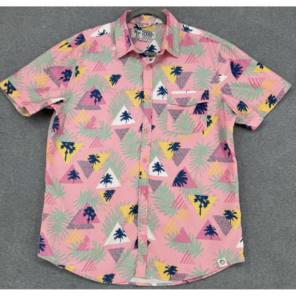 Men's Hawaiian Shirt Pink Palm Tree Geometric Print Short Sleeve Button Up Large